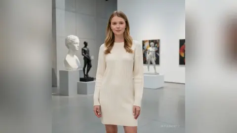 Blonde woman in a white long-sleeve knit dress standing in a modern art museum gallery with sculptures.
