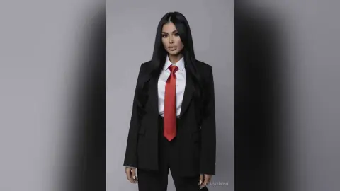 Elegant woman in a black blazer and white shirt with a red tie posing against a grey studio background.