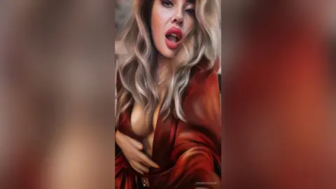 Glamorous blonde woman in a red silk robe posing with a sultry expression in a soft-lit indoor setting.