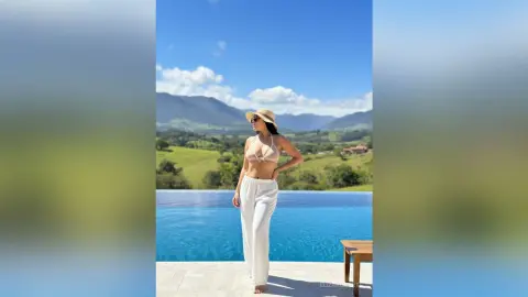Stylish woman in white bikini top and trousers relaxing by a luxury infinity pool overlooking lush green mountains.