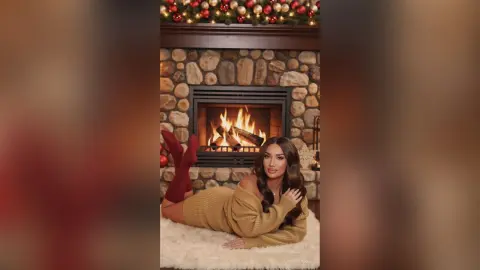 AnnaKarev lies on a white rug in front of a lit fireplace, wearing a tan sweater and red socks.