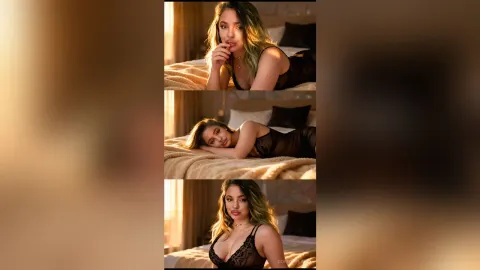 DorothyLake — DorothyLake poses in black lace lingerie while lying on a bed in a sunlit room.