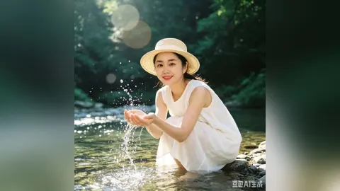 AuraraFeng — AuraraFeng wears a white sun dress and straw hat while splashing water in a shallow river.