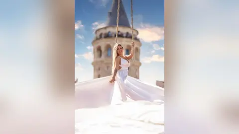 Anita poses in a long white dress with a deep neckline against a clear blue sky and a stone tower.