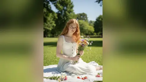 Redheaded woman in a white sundress sitting on a picnic blanket holding wildflowers in a sunny green meadow.