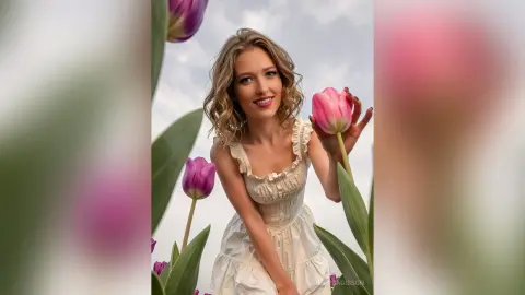 Smiling young woman in a white ruffled sundress holding a pink tulip in a dreamy spring garden setting.