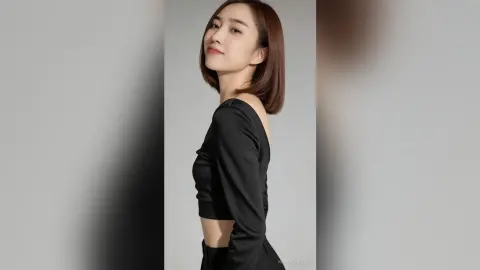 Elegant woman in a black long-sleeve top posing against a minimalist grey studio background with a serene mood.