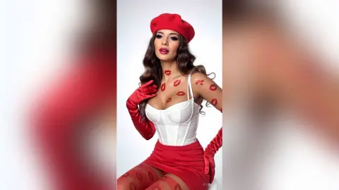 Glamorous woman in a white corset and red beret with red kiss marks on a white background.