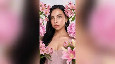 Beautiful woman in a pink ribbed top posing amidst soft pink flowers for a romantic, feminine portrait.