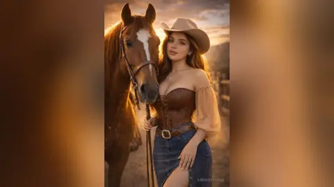 Beautiful woman in a brown corset and denim skirt posing with a brown horse in a warm sunset ranch setting.