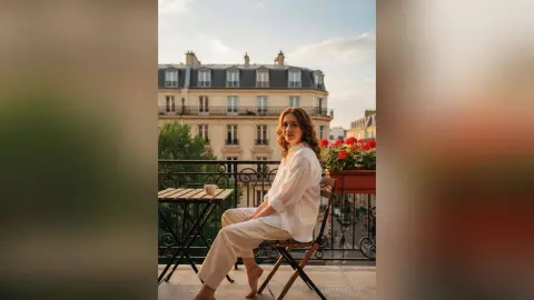 TeresiaCaspi sits on a balcony wearing a white button-down shirt and light pants, looking at the camera with a city view behind her.