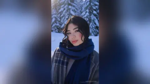 Young woman in a cozy blue scarf and grey coat smiling in a serene snowy winter forest setting.