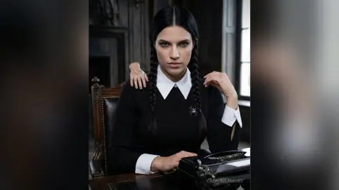 Gothic woman with long black braids wearing a black dress and white collar sitting in a moody dark room.