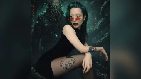 Gothic woman with dark hair and red sunglasses posing in a dark, surreal fantasy setting with a monster.