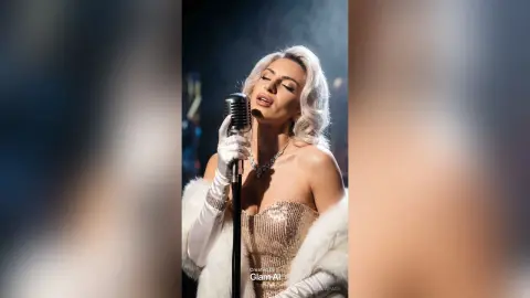 JessycaPage poses in a sparkly gold dress and white fur wrap while singing into a vintage microphone.