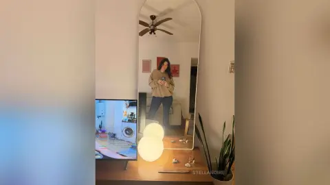 StellaNoire stands in a room, wearing a tan long-sleeve shirt and dark pants, visible in a full-length mirror next to a TV and a lamp.