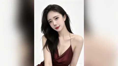 Elegant young woman with long dark hair wearing a maroon silk slip dress against a clean white background.