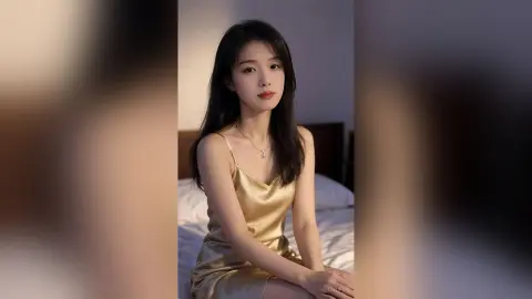 liyufei sits on a bed wearing a gold satin slip dress with thin straps.
