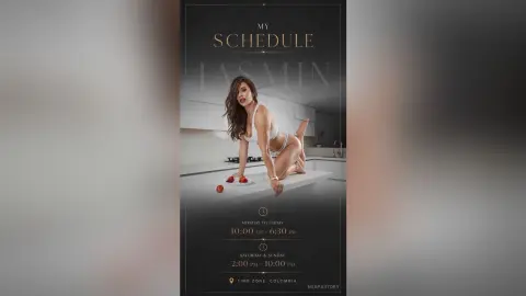 Brunette woman in white lingerie posing on a kitchen counter for a glamorous lifestyle schedule poster.