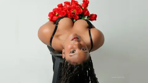 Beautiful woman with braided hair in black lingerie lying under red roses against a white background.