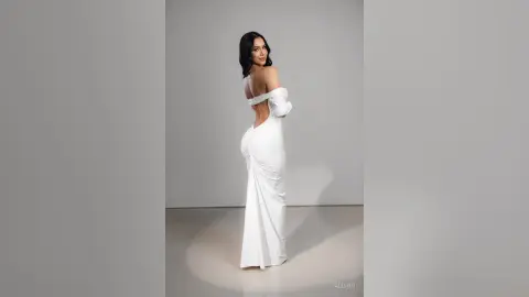 Alison stands in profile wearing a long, off-the-shoulder white dress that hugs her curves against a plain grey background.