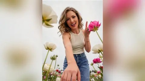 Cheerful woman in a beige tank top and jeans smiling amidst white and pink flowers in a bright field.
