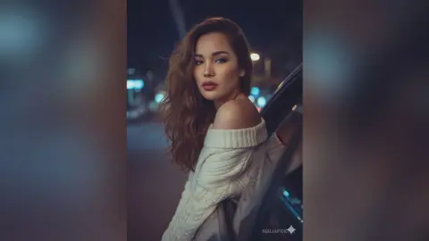 Beautiful woman in a white knit sweater posing in a moody nighttime city street setting.