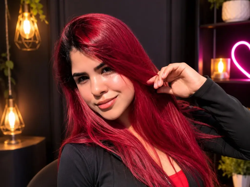 ladyredhair poses with her long red hair, wearing a black top against a dark background.