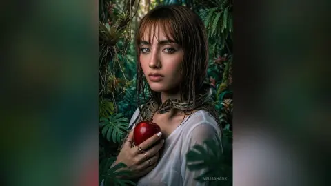 Moody portrait of a woman in a white blouse holding a red apple in a lush, green tropical jungle setting.