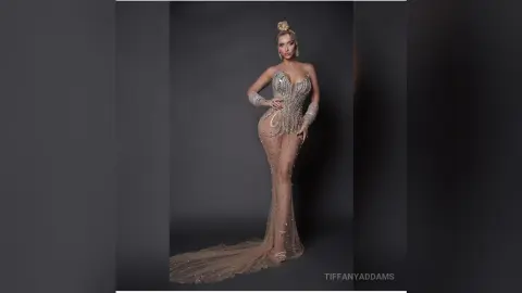 TiffanyAddams poses in a sheer, sparkling long gown that shows her legs and stomach against a dark grey background.