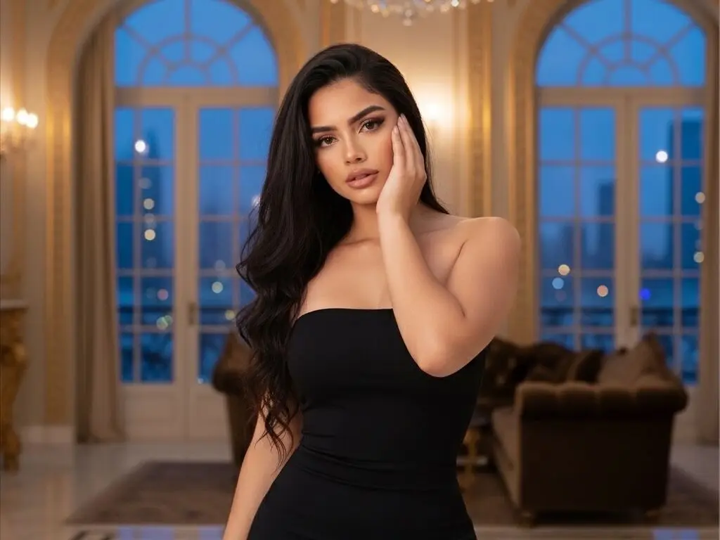 Elegant woman in a black strapless dress posing in a luxury penthouse with large windows at twilight.
