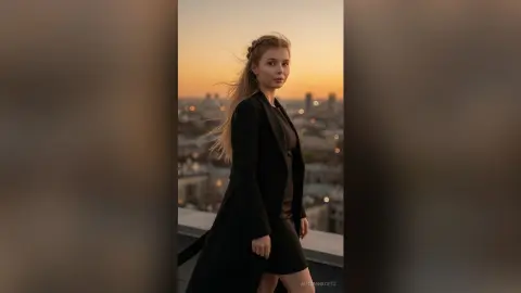 Elegant woman in a black coat standing on a city rooftop during a golden sunset mood.