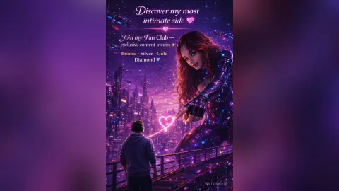 Woman in a sparkling sequin outfit overlooking a glowing purple cityscape at night under a dreamy sky.