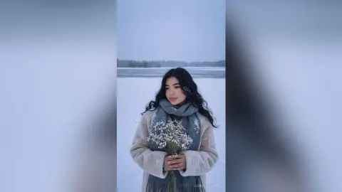 Young woman in a cozy beige sweater and grey scarf holding wildflowers in a serene snowy landscape.