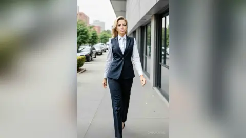 Confident blonde woman in a black formal vest and trousers walking on a city sidewalk.