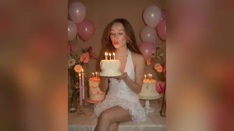 Young woman in a white dress holding a birthday cake with lit candles amidst pink balloons and flowers.