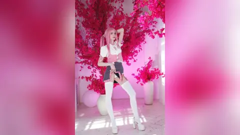 Pink-haired woman in a white blouse and pink corset posing amidst vibrant pink floral decorations.