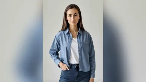 Young woman in a blue denim shirt and white t-shirt posing with a calm expression against a neutral background.