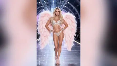 JessycaPage poses in sparkly white lingerie and large pink feathered wings on a runway.