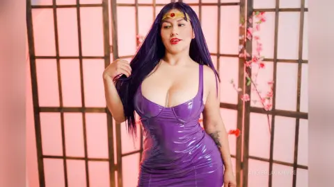 Woman in a tight purple satin dress posing against a pink floral background with a glamorous mood.