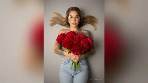 Tattooed woman in light denim holding a large bouquet of red peonies against a grey studio background.