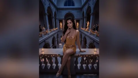 Elegant woman in a gold satin dress posing on a marble balcony in a grand, moody classical courtyard.