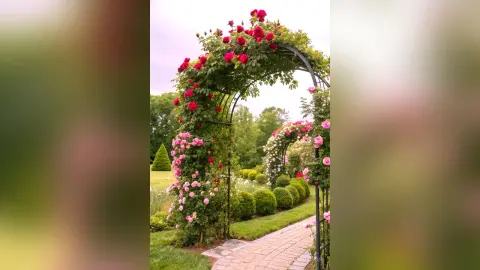 Romantic garden path featuring a blooming pink rose archway and lush green manicured hedges under a soft sky.