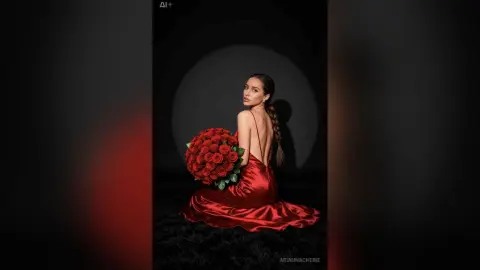 Elegant woman in a red satin backless dress holding a bouquet of red roses against a dark moody background.