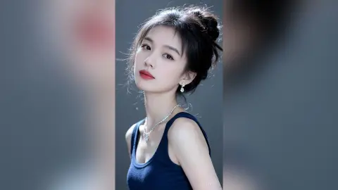 liyufei poses looking over her shoulder wearing a blue tank top and silver necklace with her hair in a bun.