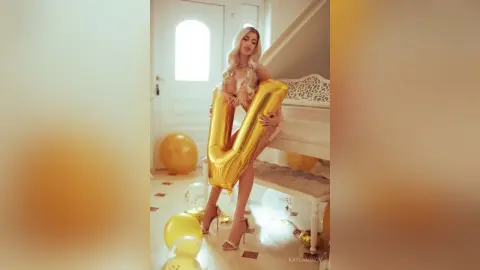Glamorous blonde woman in a sparkly outfit holding a large gold number one balloon in a bright room.