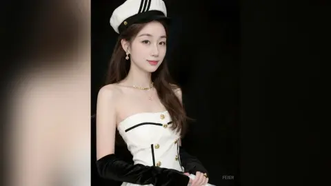 Elegant woman in a white nautical captain outfit and hat posing against a dark background.