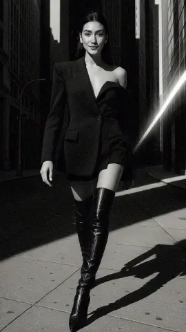 Elegant woman in a black blazer and thigh-high boots walking on a city street in dramatic black and white lighting.