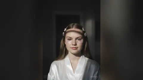 Young woman in a white satin robe with under-eye patches in soft, moody indoor lighting.