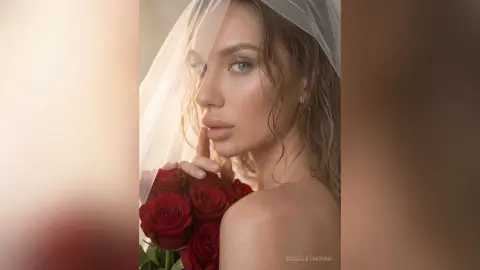 Beautiful bride in a white veil holding red roses for a romantic wedding portrait.